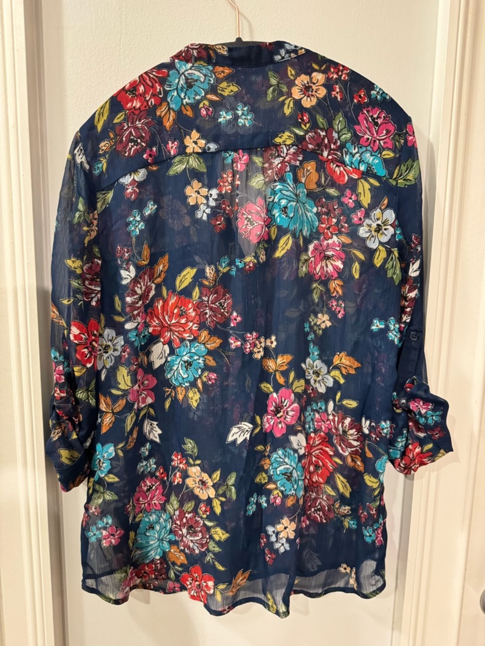 Kut from the Kloth Navy Sheer Floral Button-Up Blouse - Multicolor Flowers - Picture 4 of 7